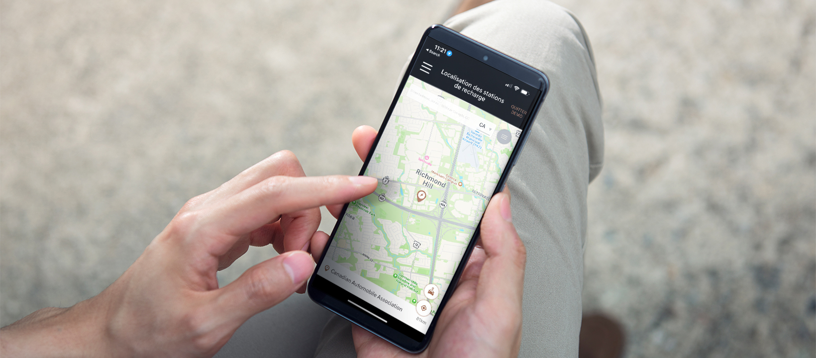 Écran de la localisation des bornes de recharge publiques sur l'application GCS