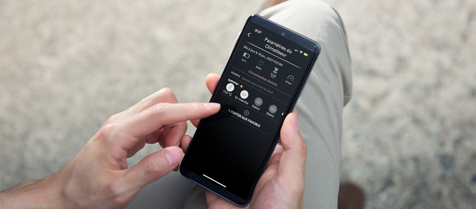 Écran du réglage de la température sur l'application GCS