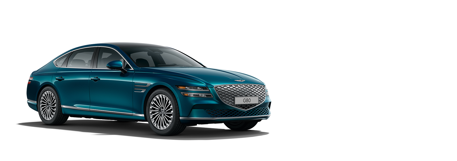 Vue 3/4 de l'avant d'une G80 Électrifiée