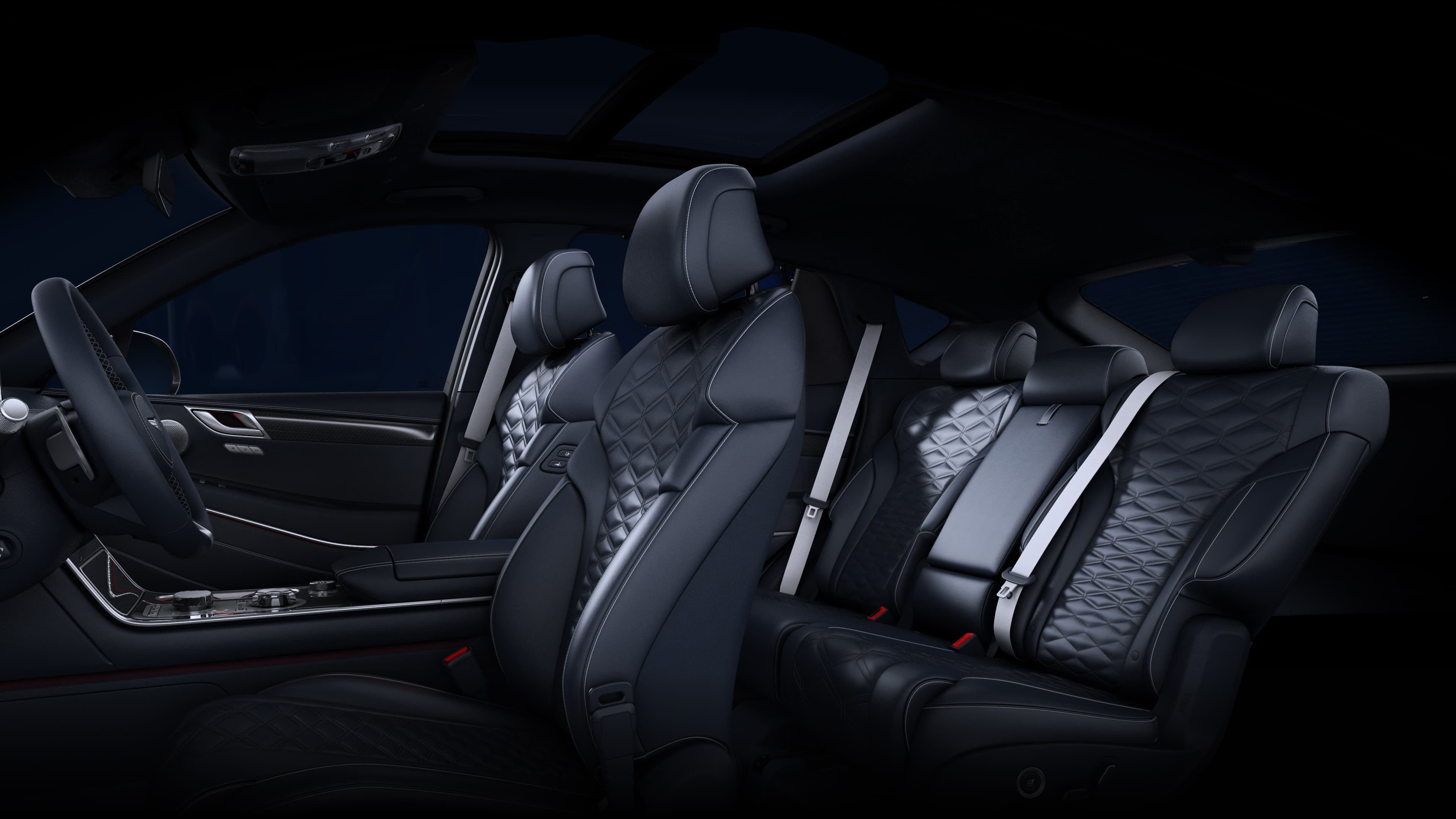 The driver's seat and rear seat of the Ultramarine Blue Mono-tone interior of GV80 Coupe.