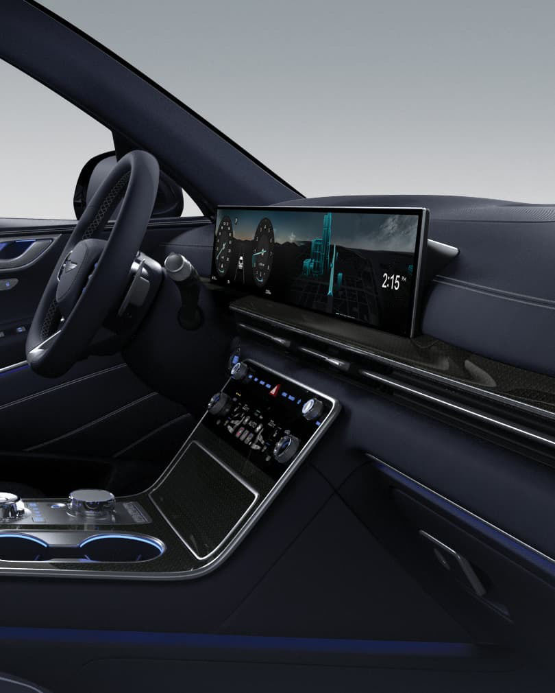 The 27-inch display and slim air vent seen inside the car.