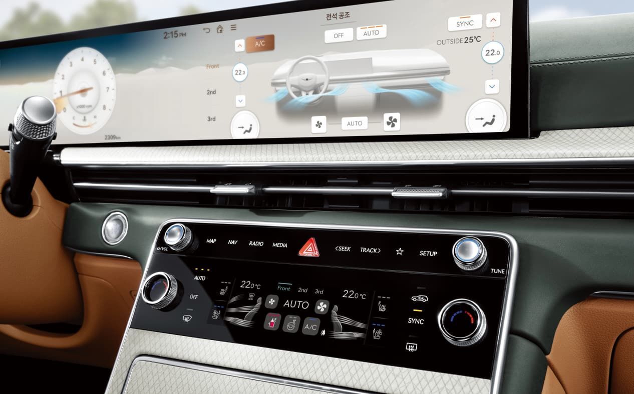 The A/C control panel inside GV80 Coupe with fragrance system turned on.