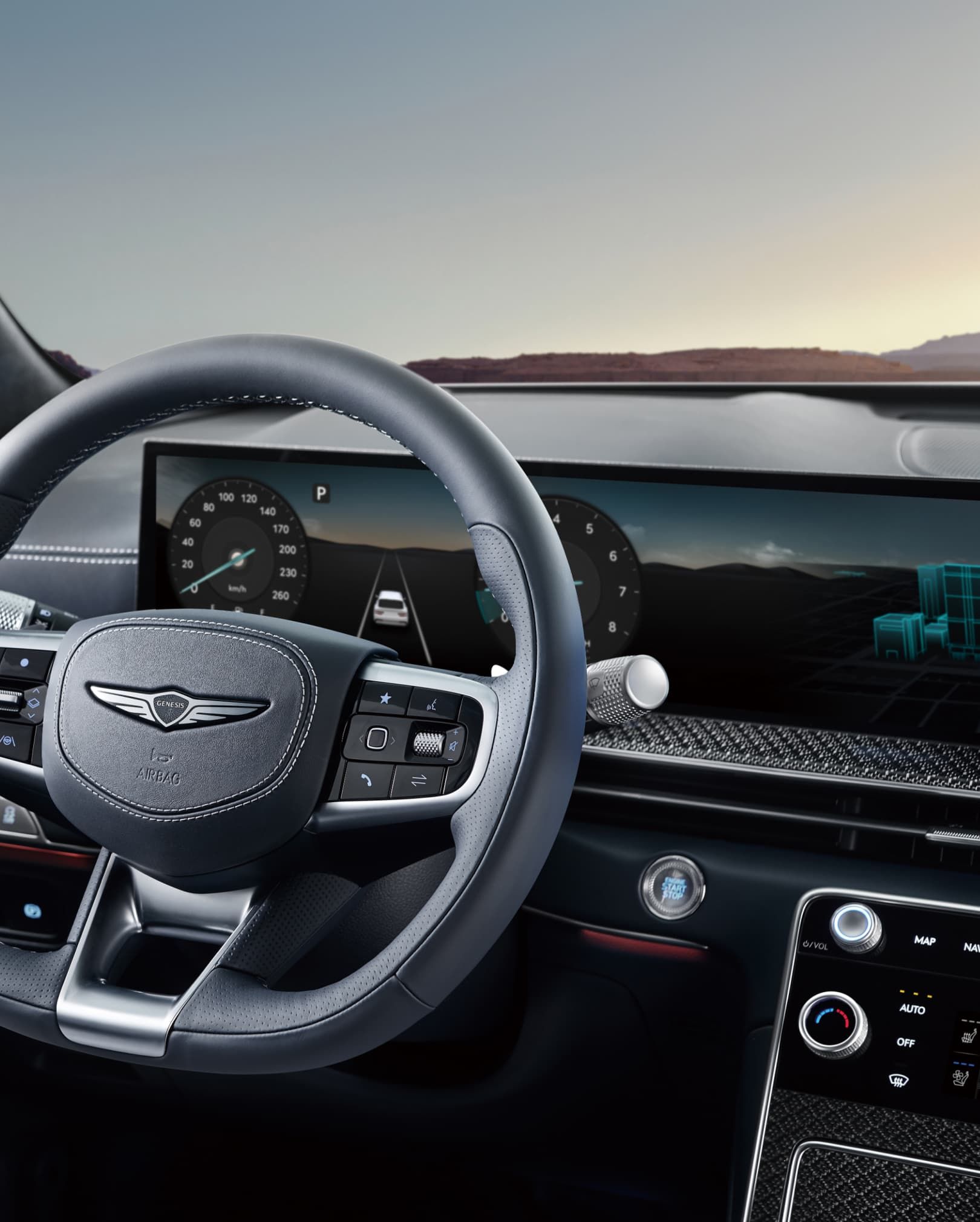 The 27-inch display inside GV80 Coupe, with the road seen outside the window.