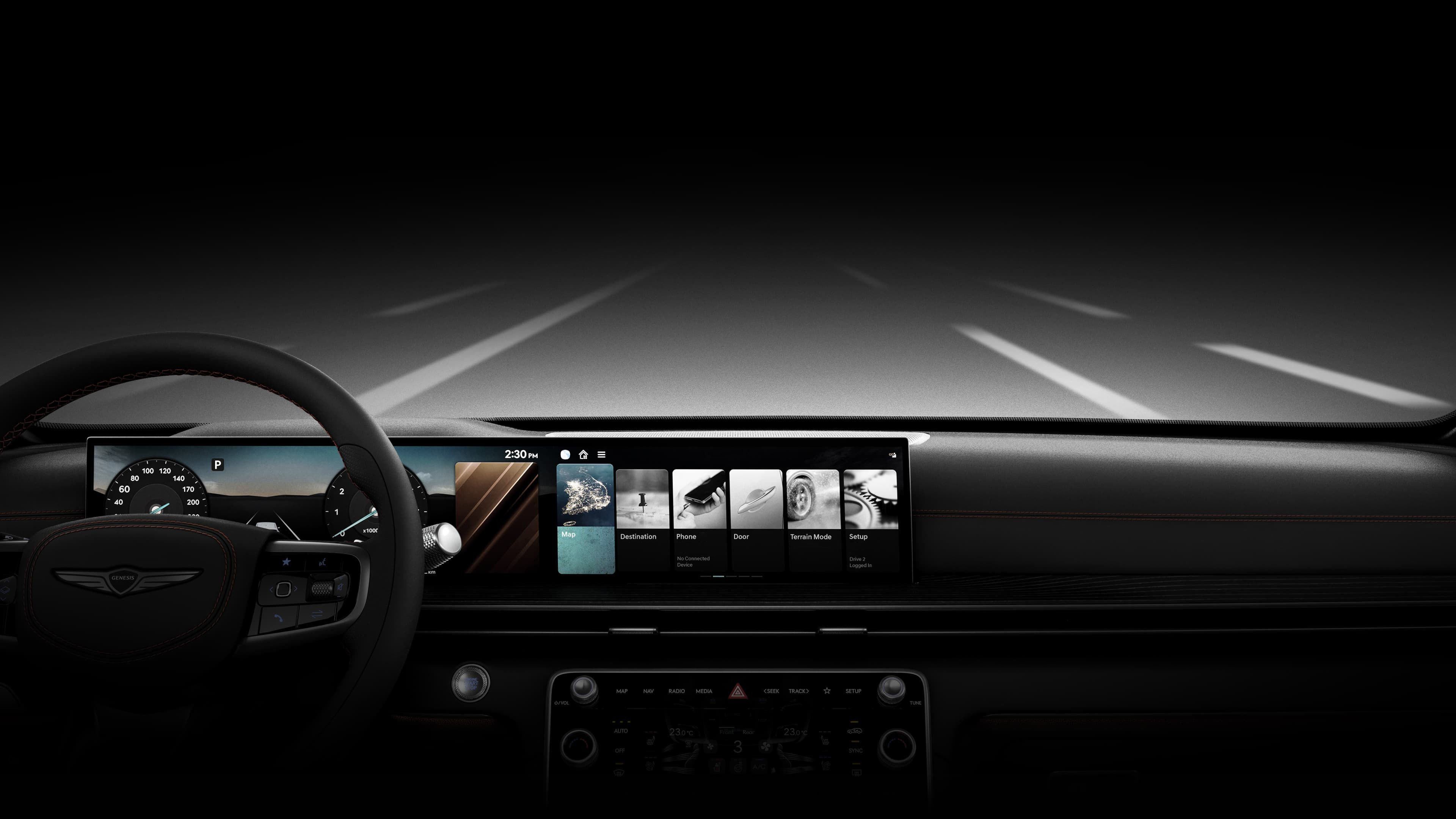 The 27-inch display inside GV80 Coupe, with the road seen outside the window.