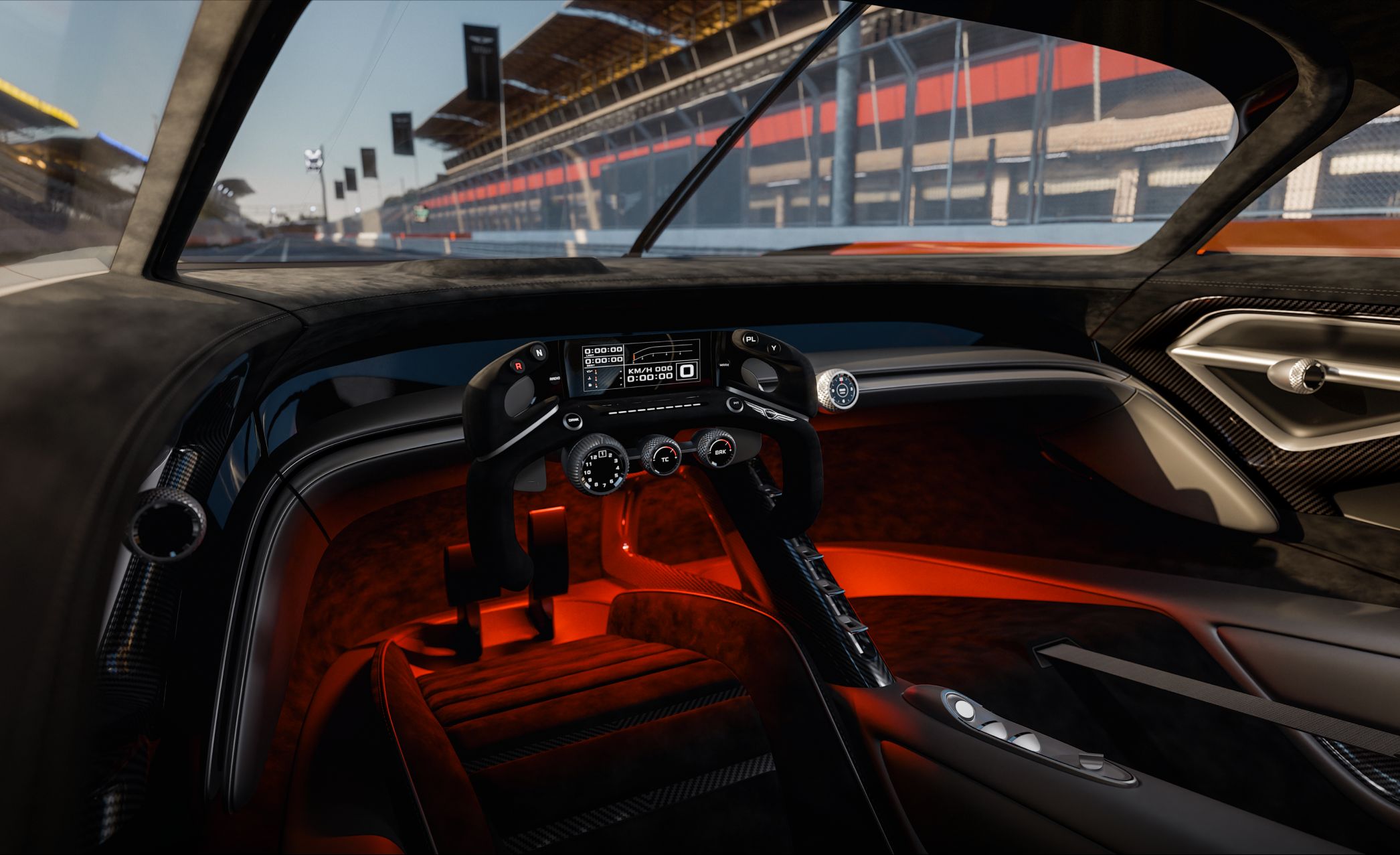 Seated in the driver’s seat of the X Gran Racer Concept, the interior reveals a sleek black and silver design, illuminated by a striking red-orange glow at the footwells of both the driver and passenger seats.