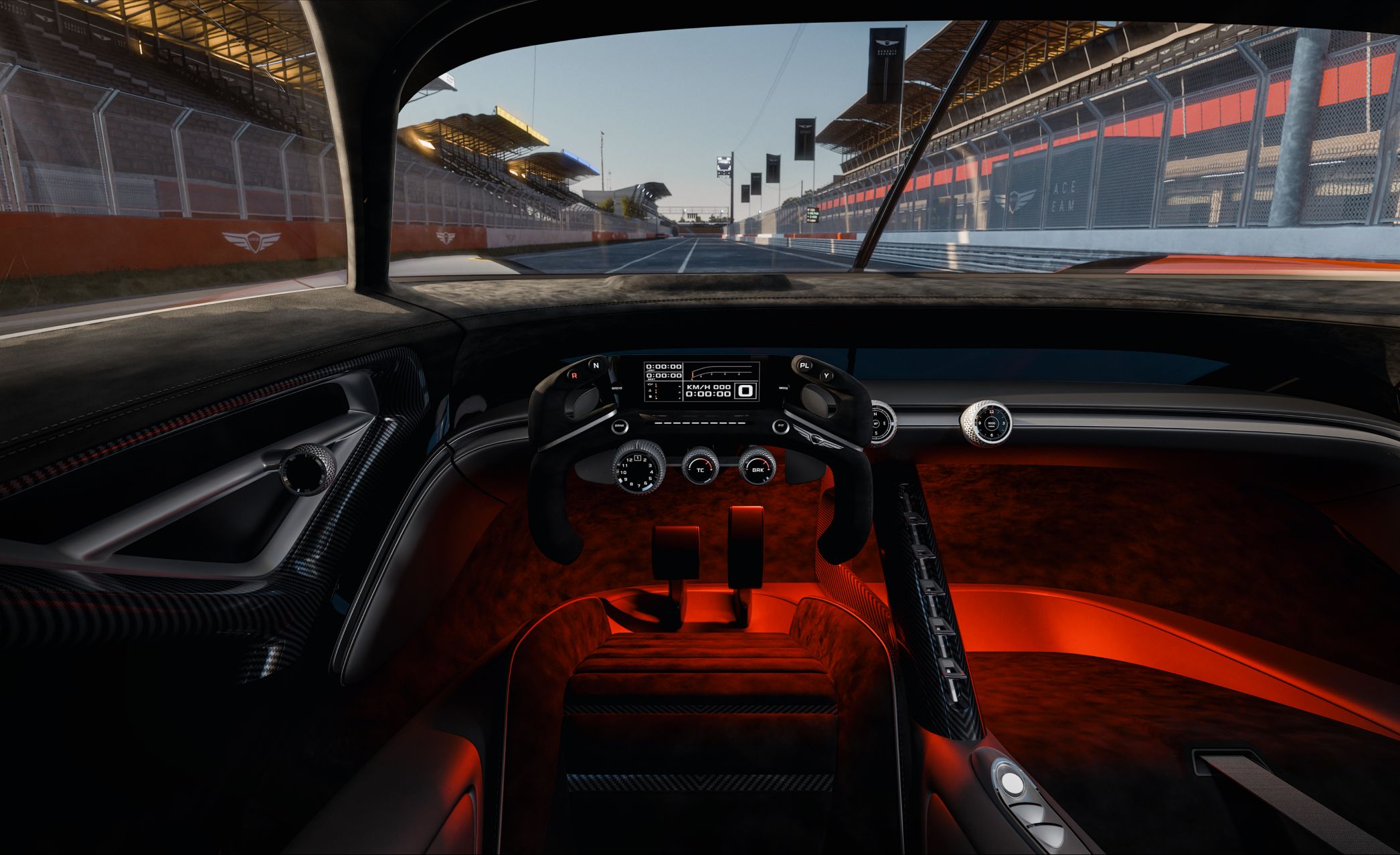 A wide-angle view of the X Gran Racer Concept’s front seats showcases an interior defined by black and silver, with a striking red-orange glow illuminating the footwells.