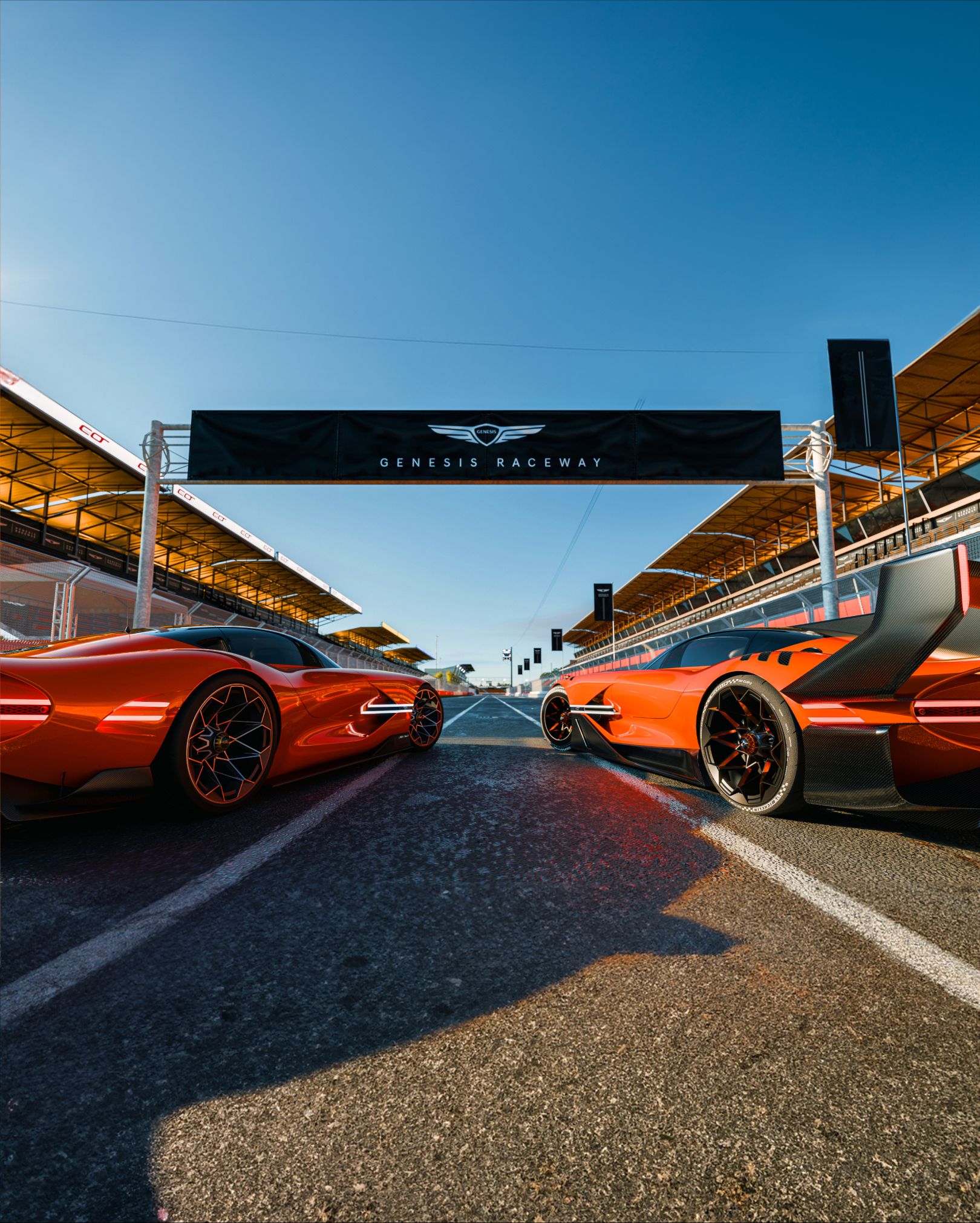 Against the backdrop of a clear midday circuit, the horizon meets the sky, drawing your gaze forward. At the starting line, two X Gran Berlinetta Concepts stand side by side, rear lamps aglow, poised to unleash their speed at any moment.