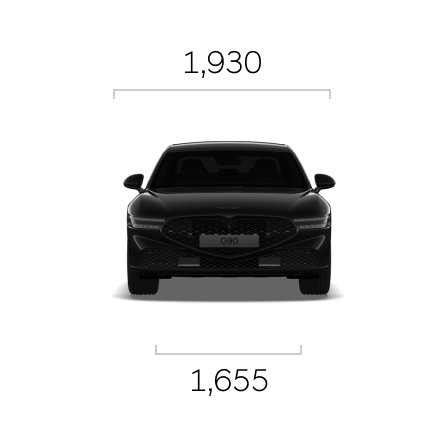 비크 블랙 색상의 G90 Black의 전면 이미지와 치수 정보가 보입니다. (전폭: 1,930mm / 윤거 전: 1,655mm)