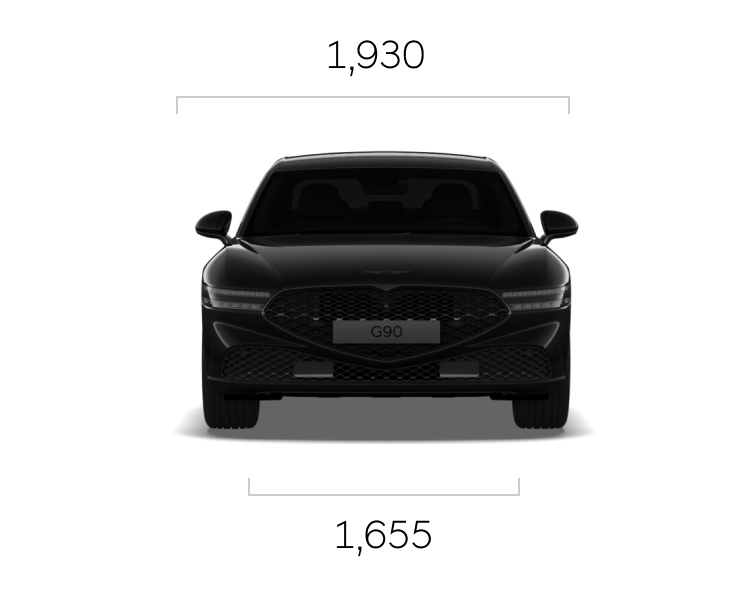 비크 블랙 색상의 G90 Black의 전면 이미지와 치수 정보가 보입니다. (전폭: 1,930mm / 윤거 전: 1,655mm)