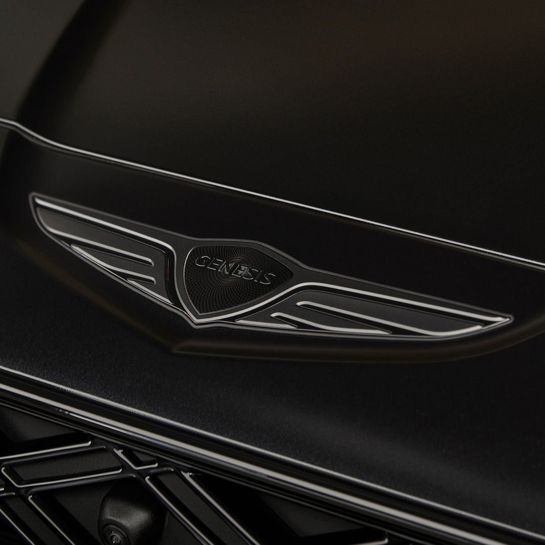 In the center of the wing-shaped design, the Genesis logo, written in black chrome material, is visible.