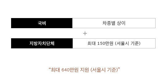 국비 차종별 상이 + 지방자치단체 최대 150만원 (서울시 기준) = "최대 640만원 지원 (서울시 기준)"