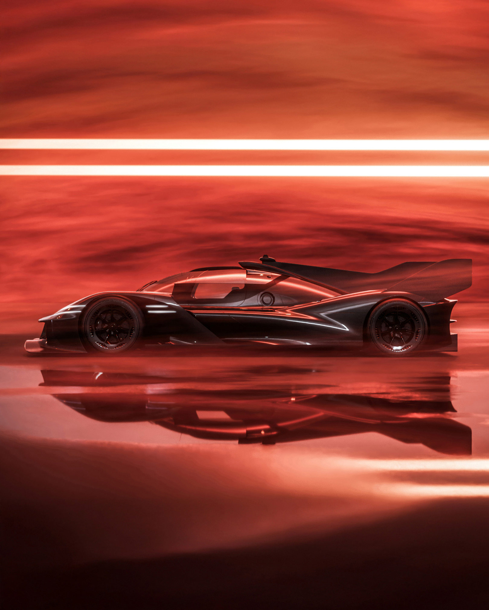 A view of the GMR-001 Hypercar from the side showcases the distinctive dual-line headlights and the sleek lines of the side design.