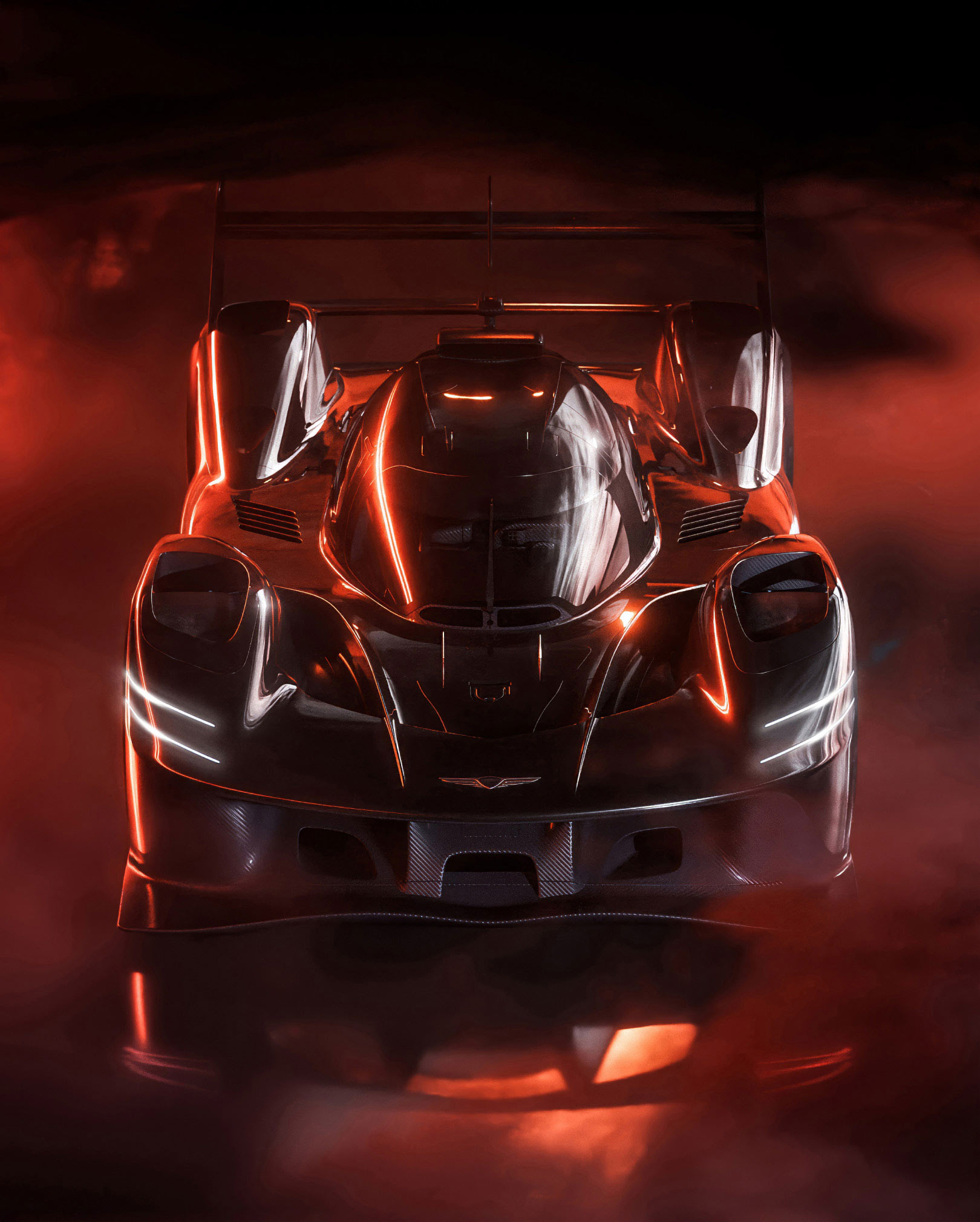 The black GMR-001 Hypercar can be seen in an almost birds-eye view, showcasing its curvatures. 