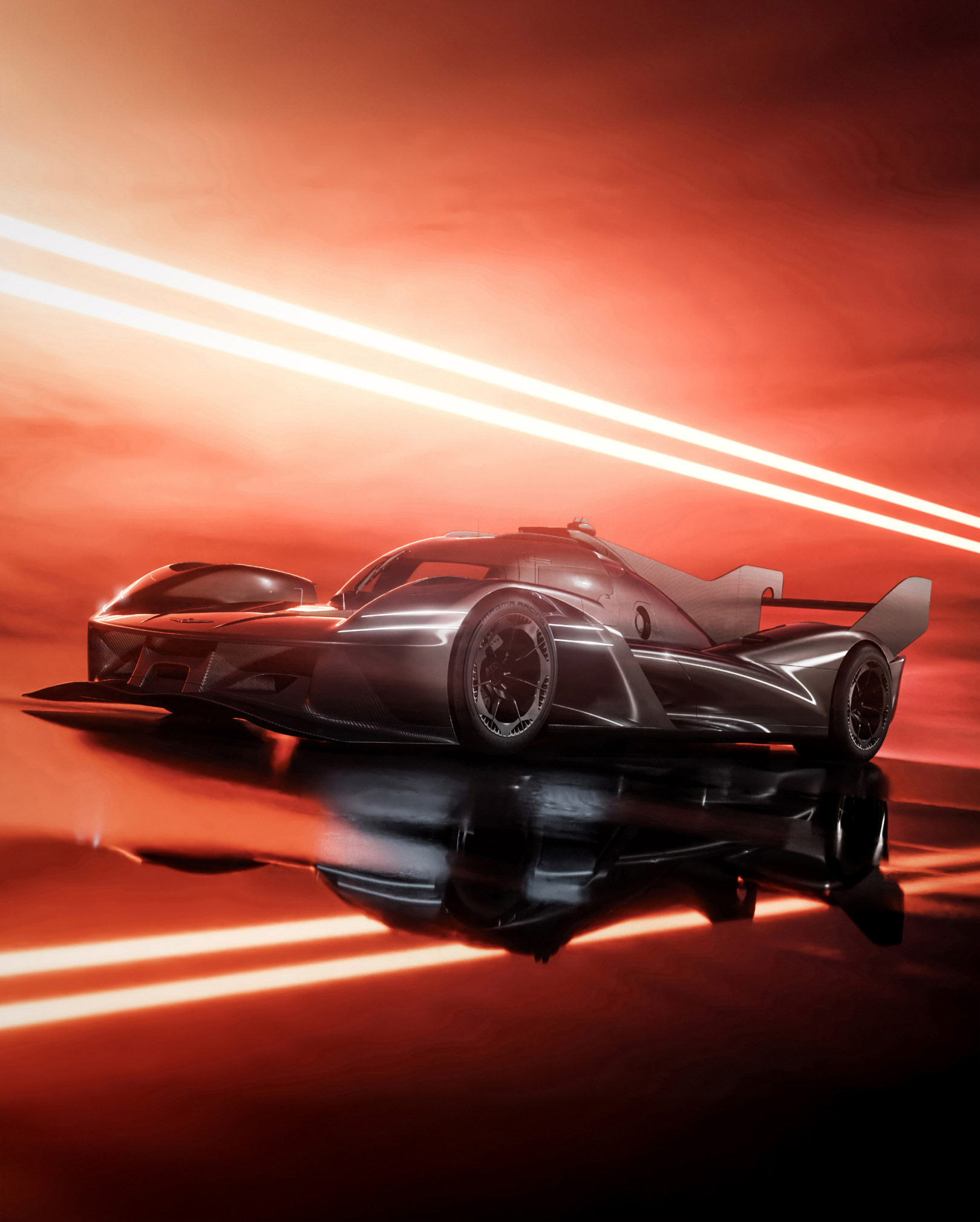 The GMR-001 Hypercar and its smooth texture and shine of its hood highlights the confident stance of the car. 