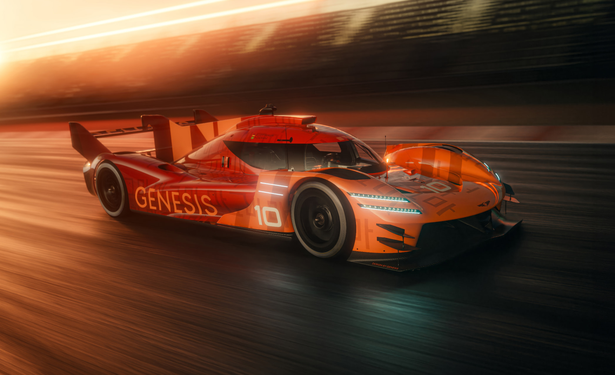 The GMR-001 hypercar is speeding along the racing track.