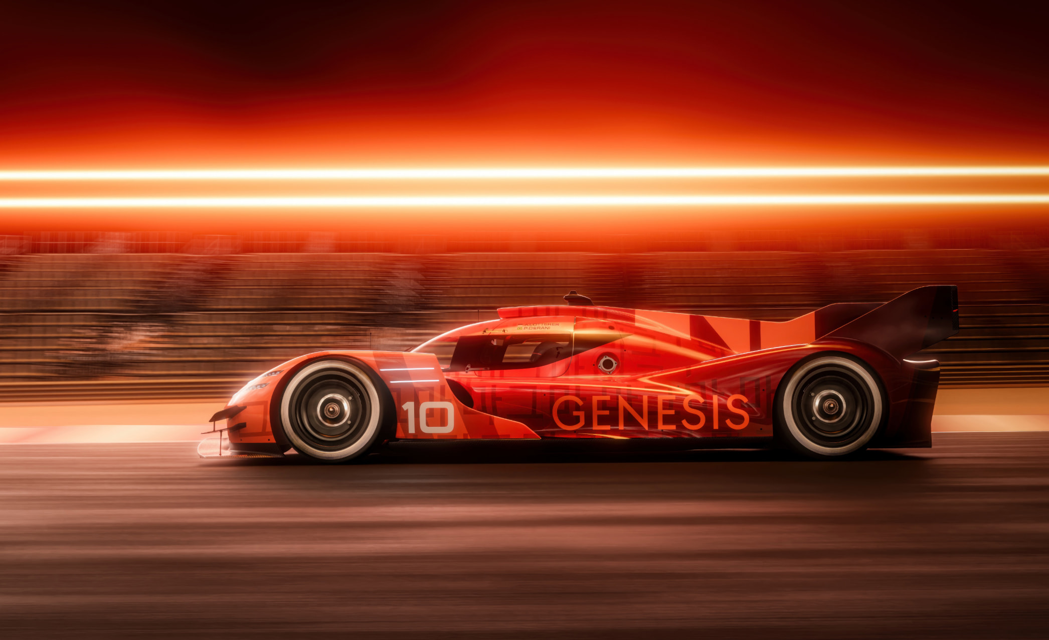 The smooth texture and gloss of the orange GMR-001 hypercar catches your eye. Two lines are shining on the orange background.