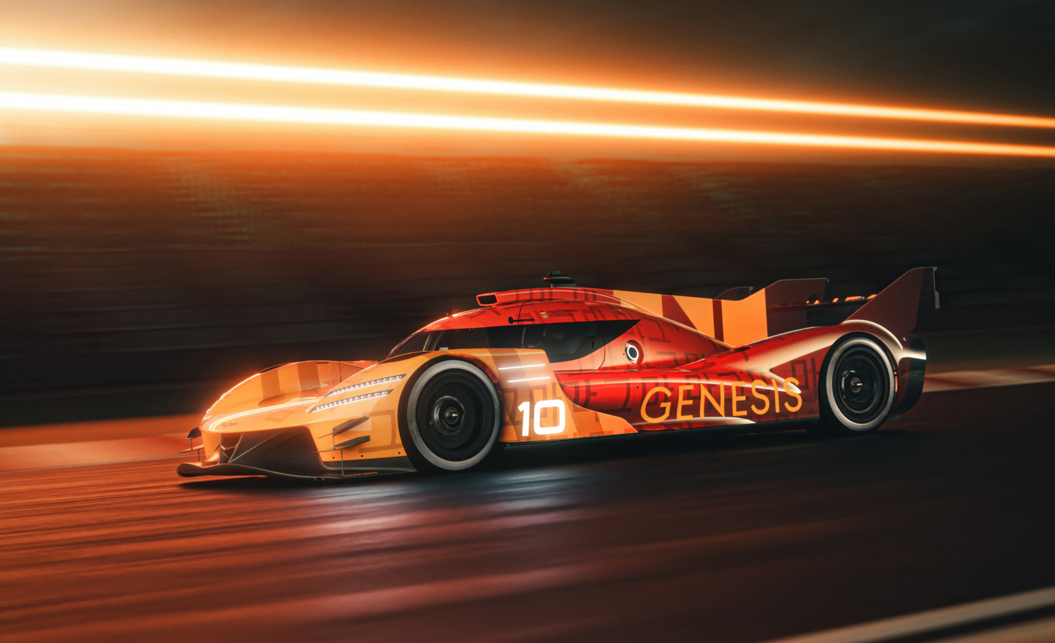 Two lines are shining on the background of the orange GMR-001 hypercar.