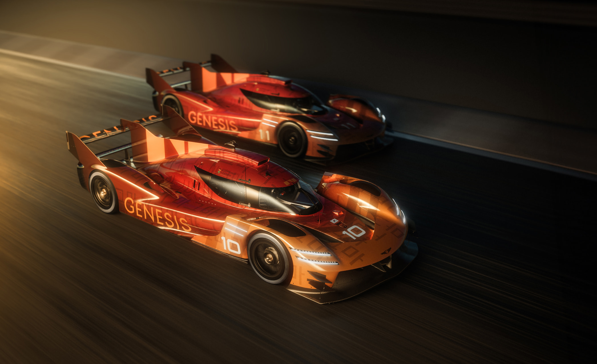 Two GMR-001 hypercars are racing on the racing track.