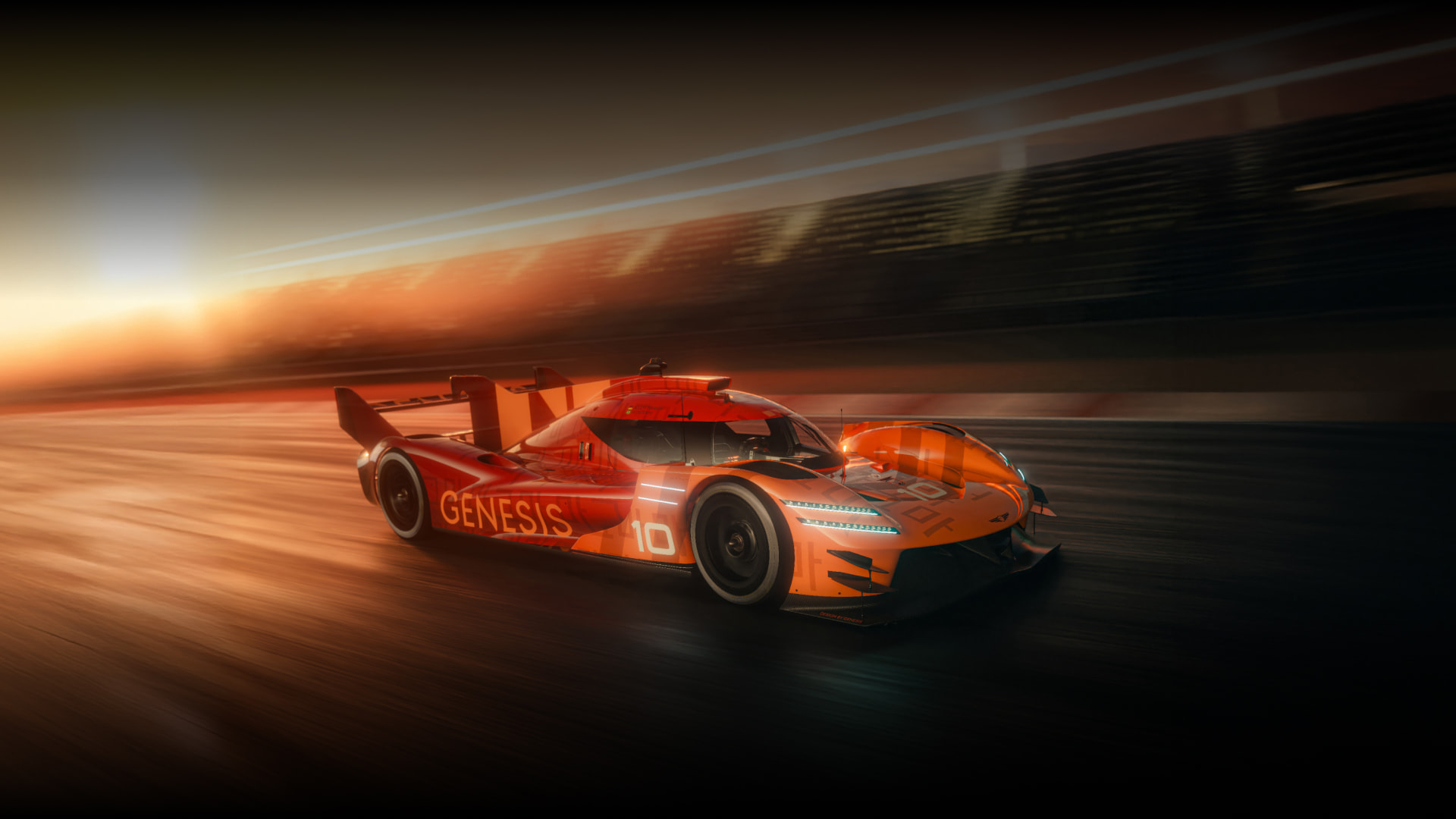The orange GMR-001 hypercar is speeding along the racing track.