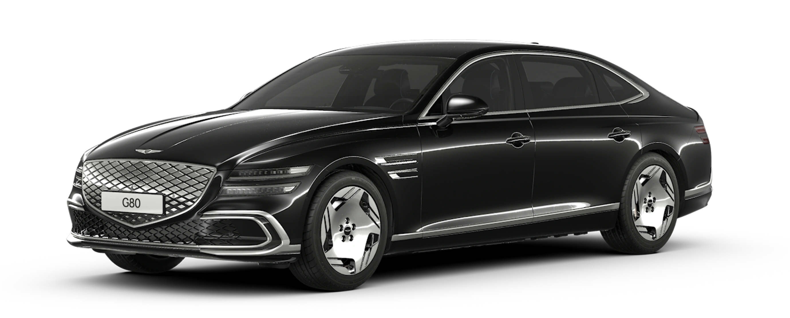 An exterior design image of the Electrified G80 in a glossy Vik Black color