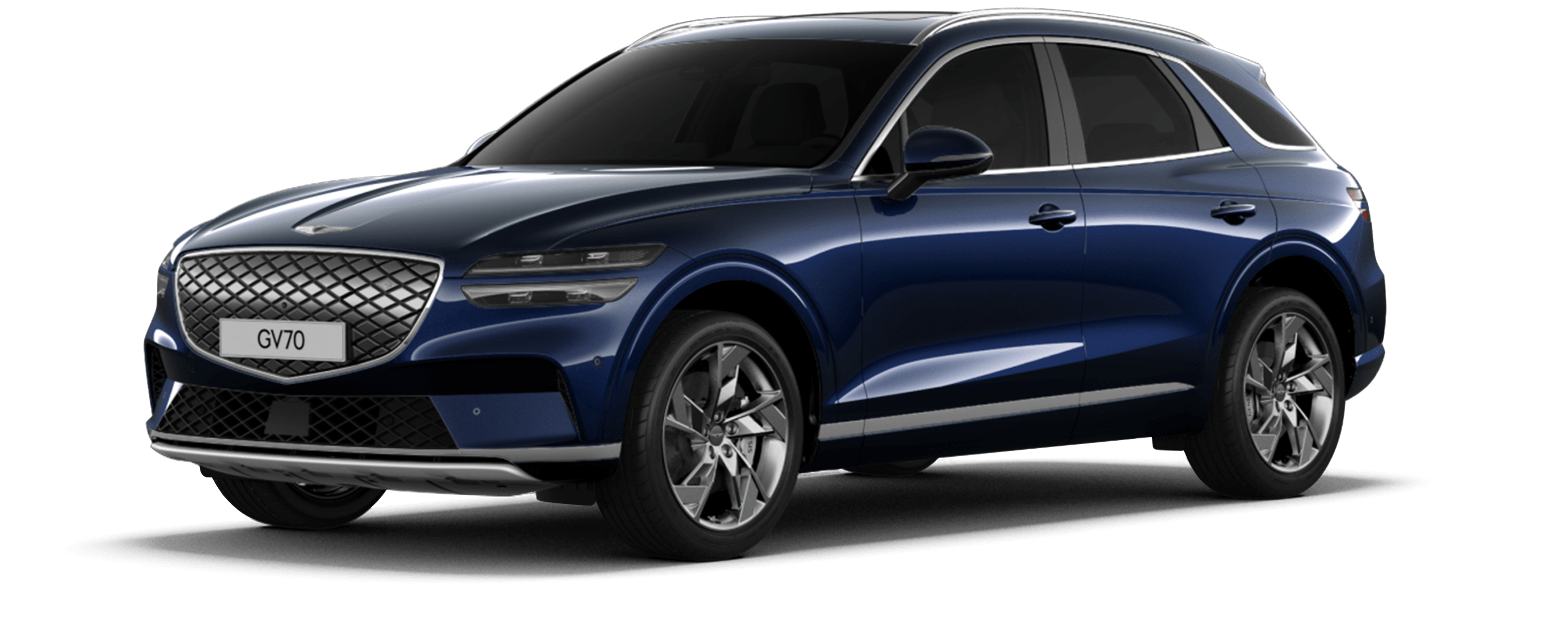 The Electrified GV70 in glossy Capri Blue is against a royal blue background.