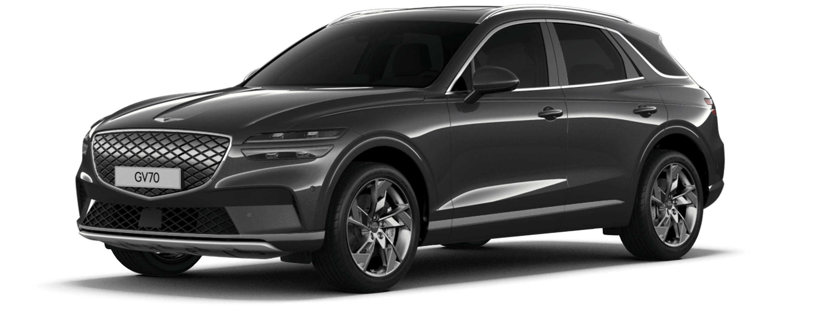 The Electrified GV70 in glossy Makalu Gray is against a dark gray background.