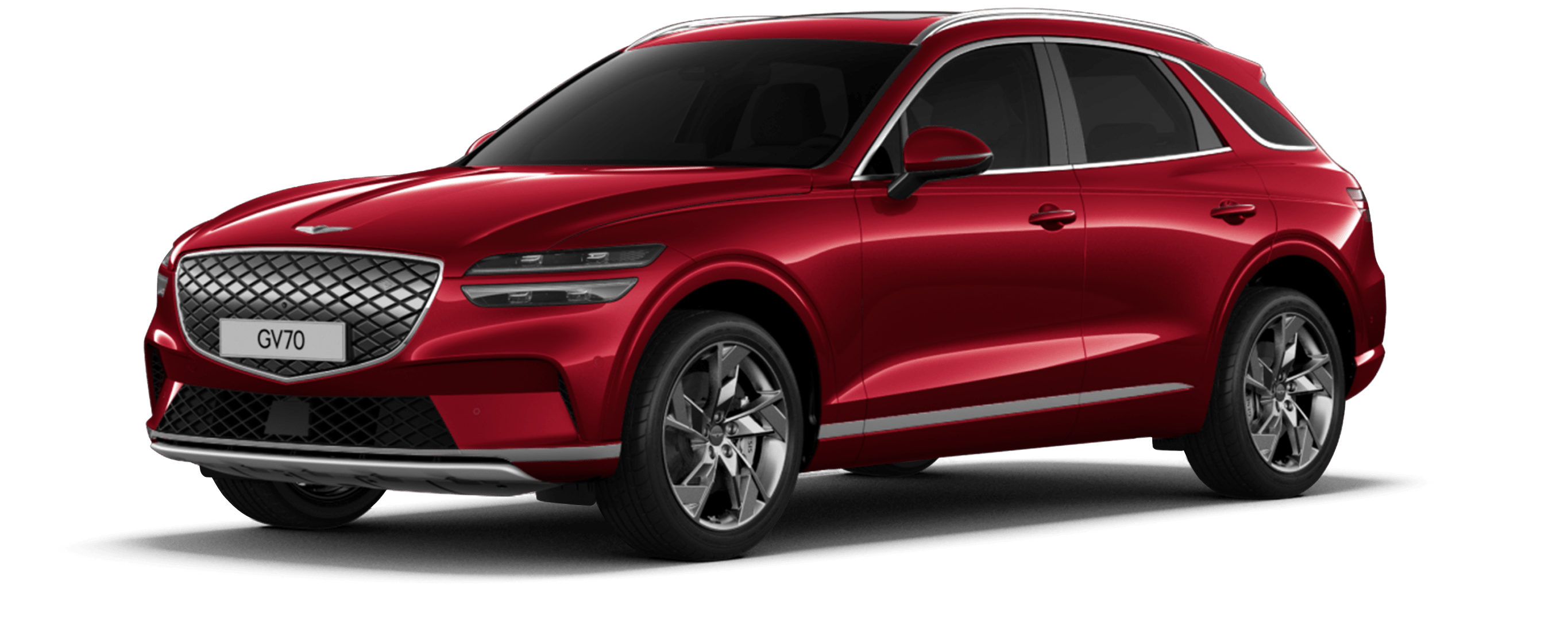 The Electrified GV70 in glossy Mauna Red is against a deep red background.