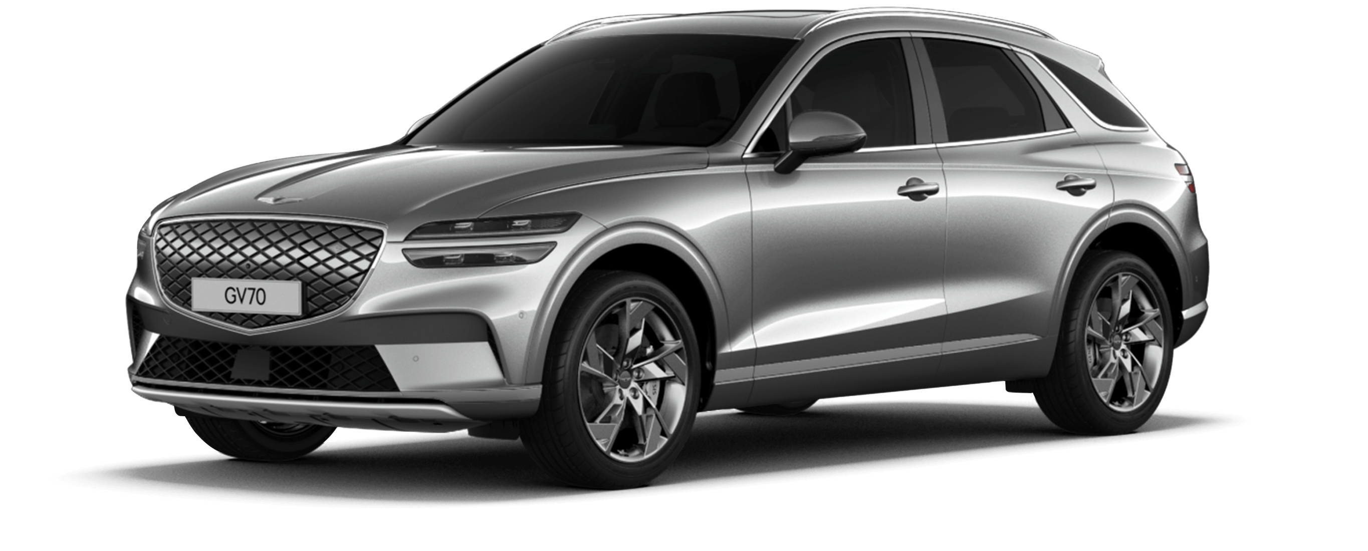 The Electrified GV70 in glossy Savile Silver is against a gray background.