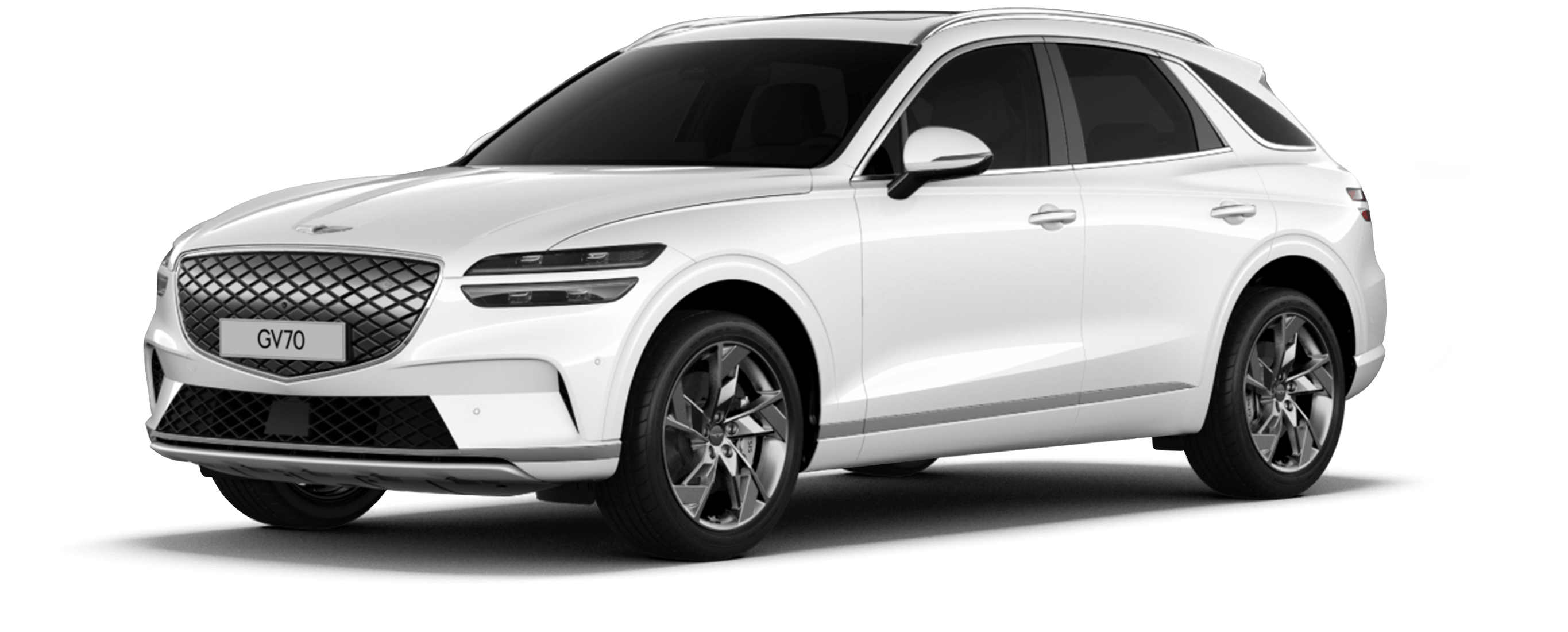 The Electrified GV70 in glossy Uyuni White is against a white background.