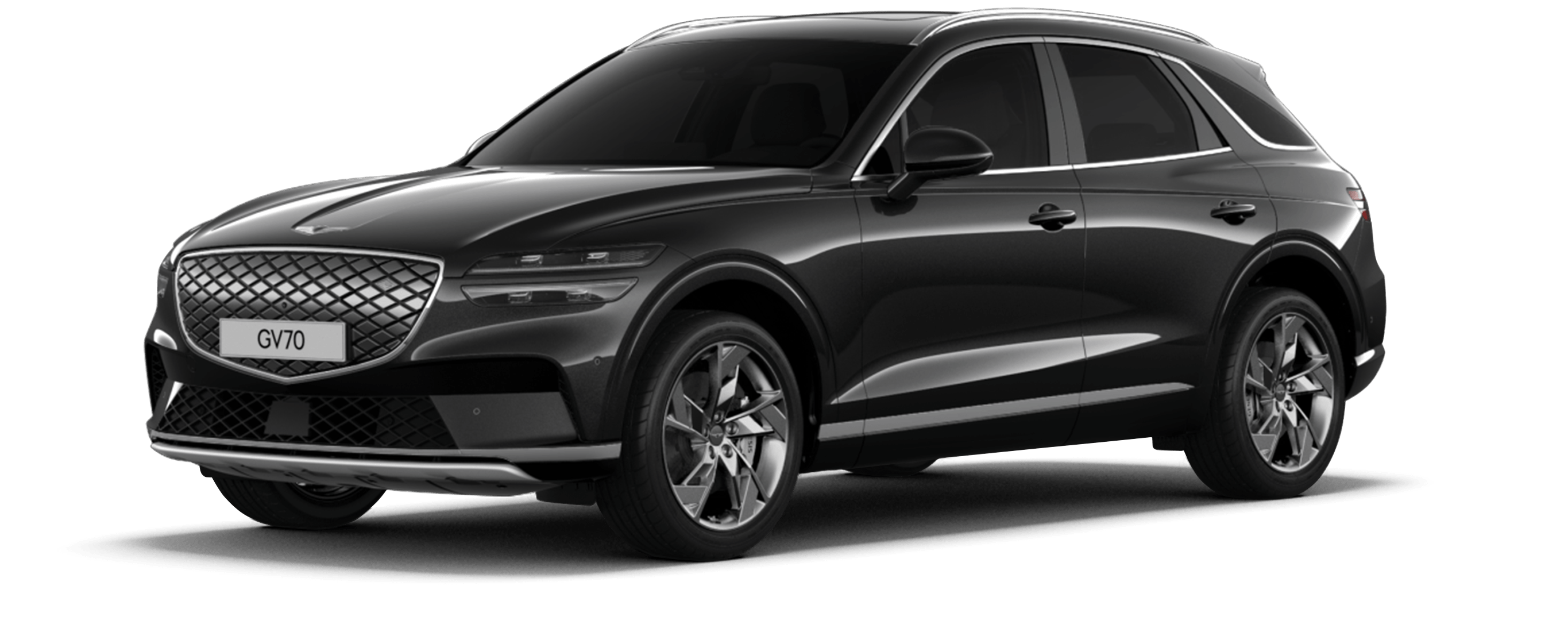 The Electrified GV70 in glossy Vik Black is against a black background.