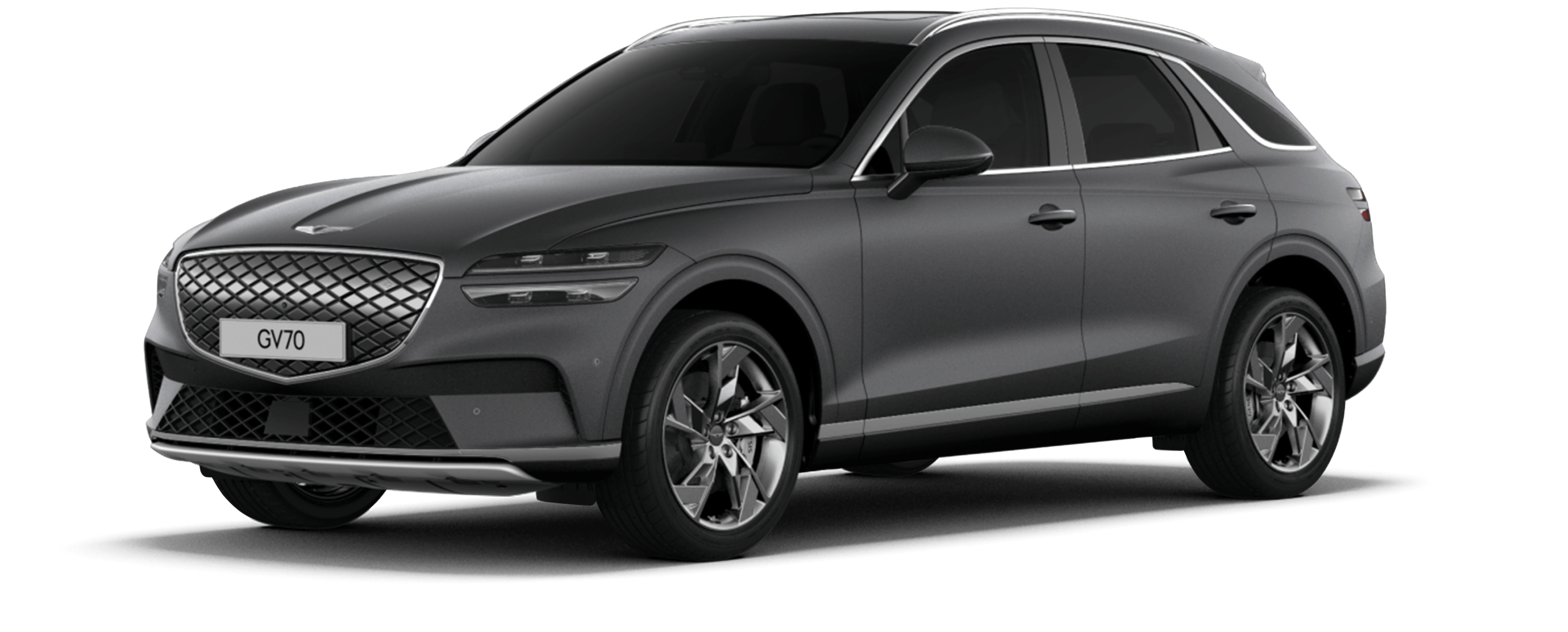 The Electrified GV70 in matte Makalu Gray is against a dark gray background.