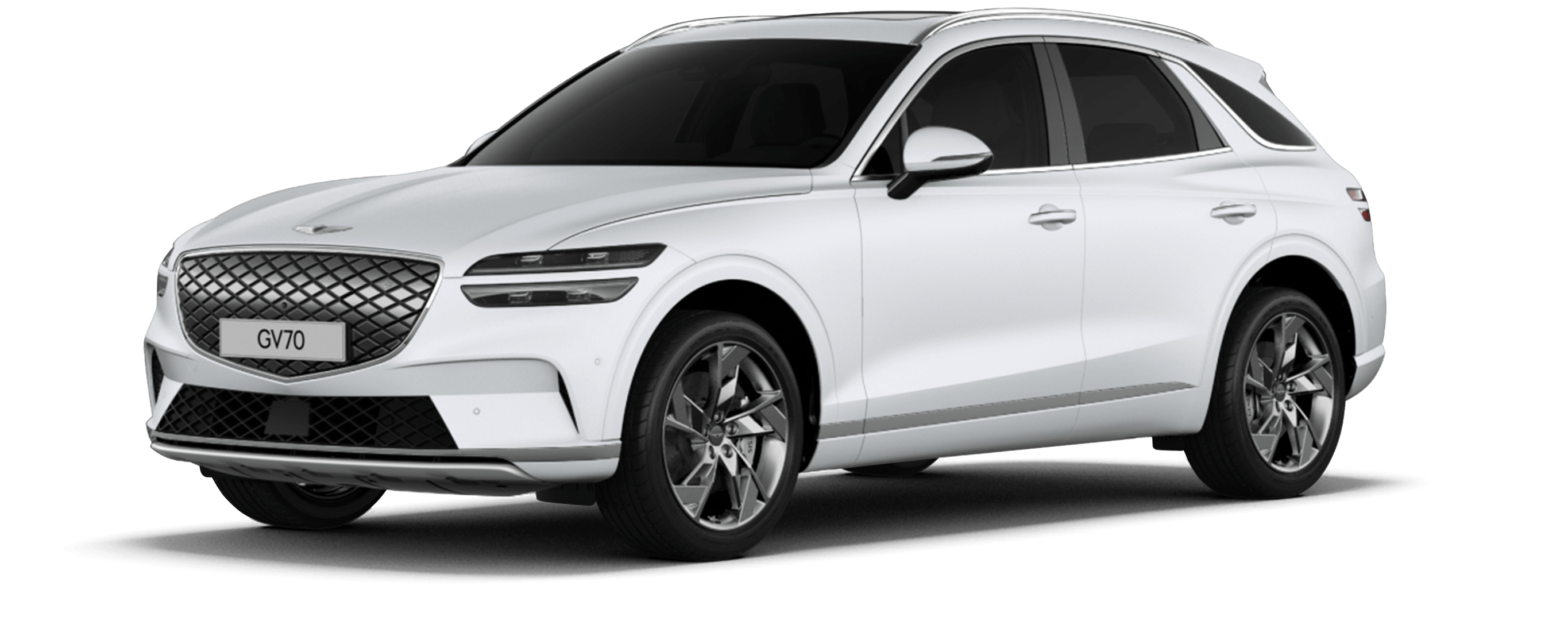 The Electrified GV70 in matte Matterhorn White is against a white background.
