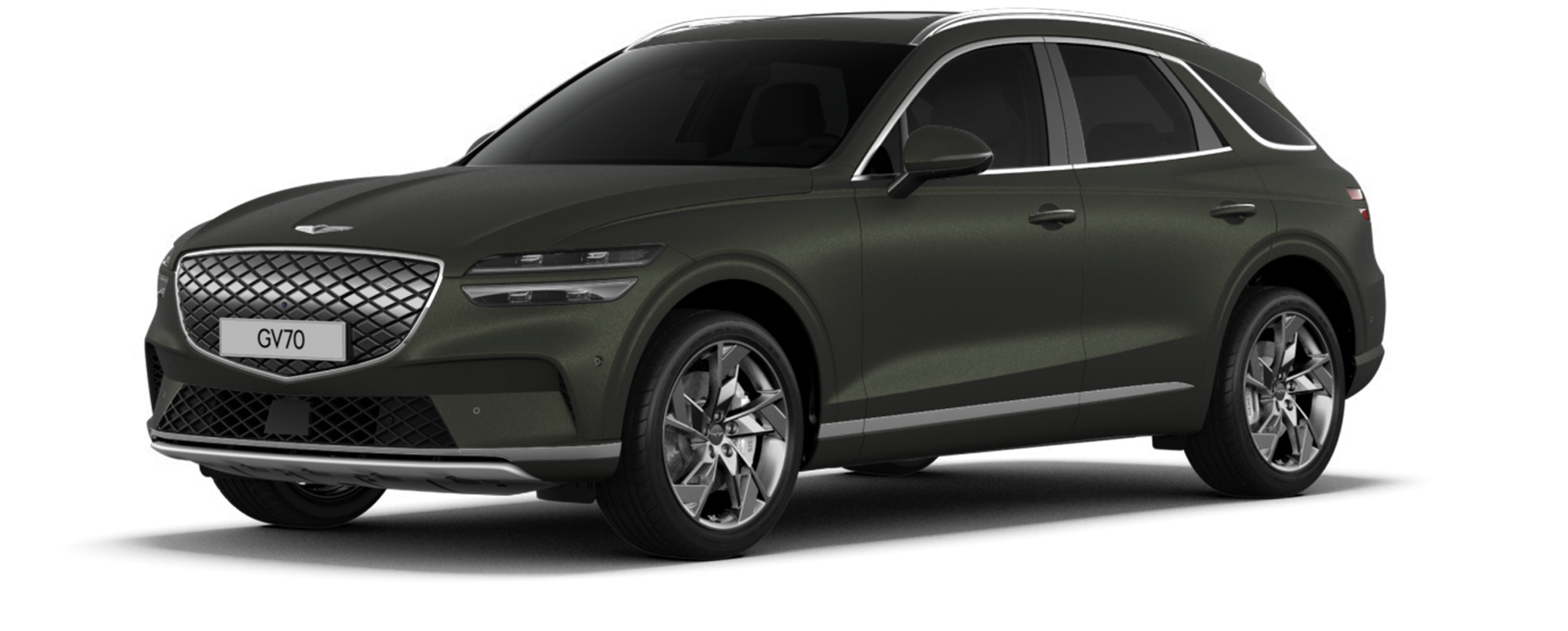 The Electrified GV70 in matte Stor Green is against a black background.