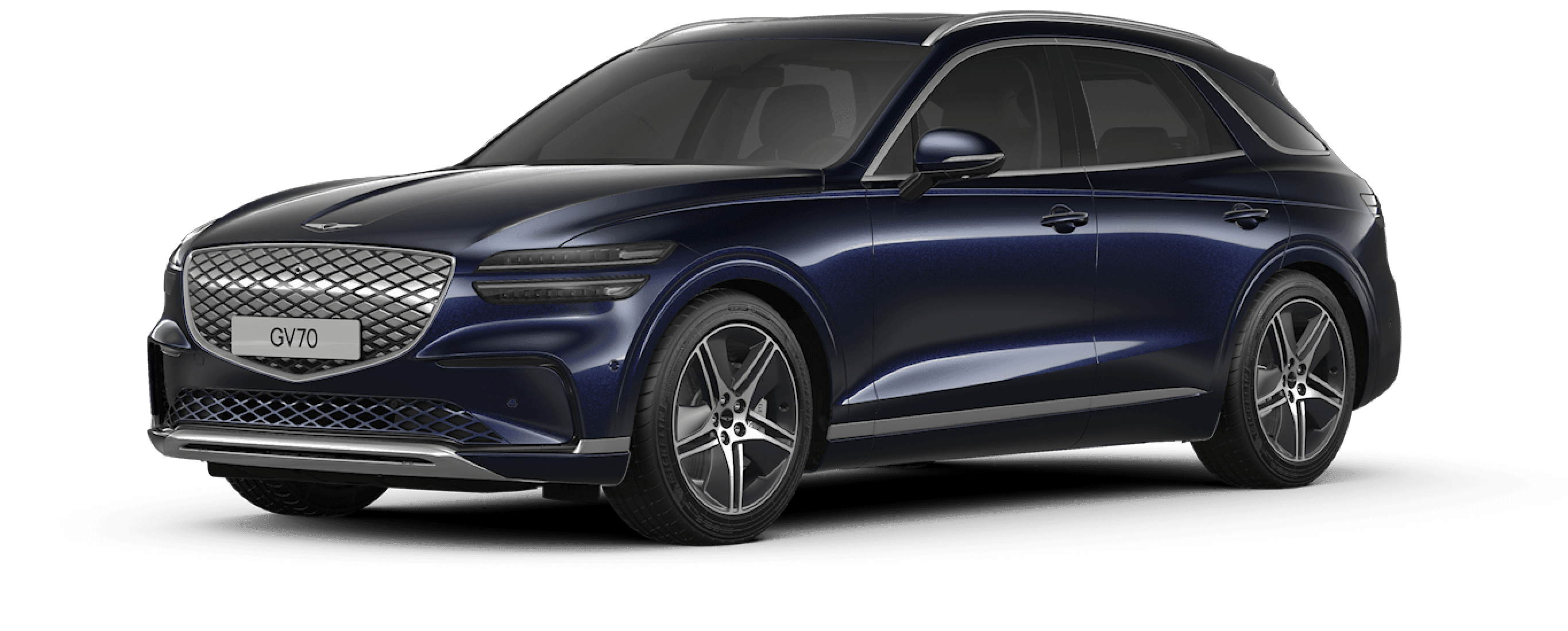 A design image of the Electrified GV70's exterior in glossy Capri Blue.