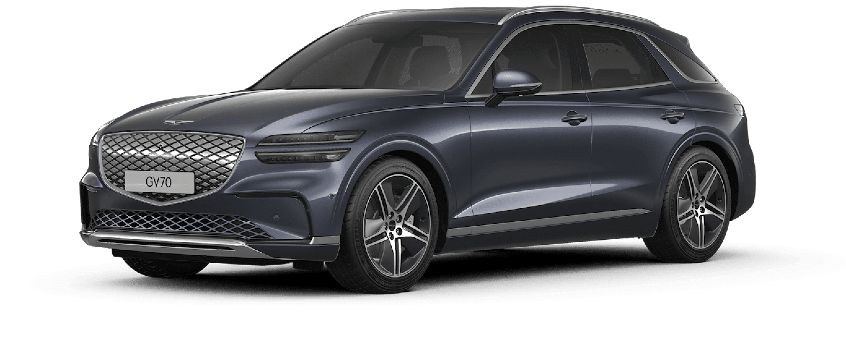 A design image of the Electrified GV70's exterior in glossy Ceres Blue.