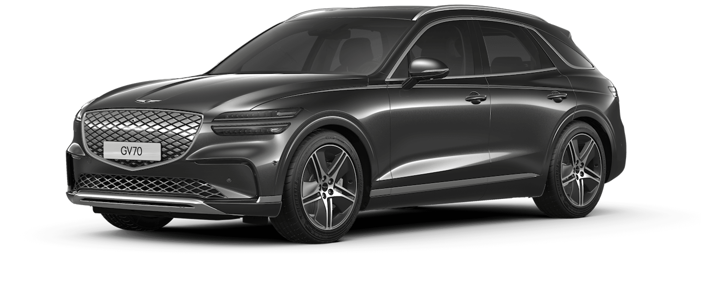 A design image of the Electrified GV70's exterior in glossy Makalu Gray.