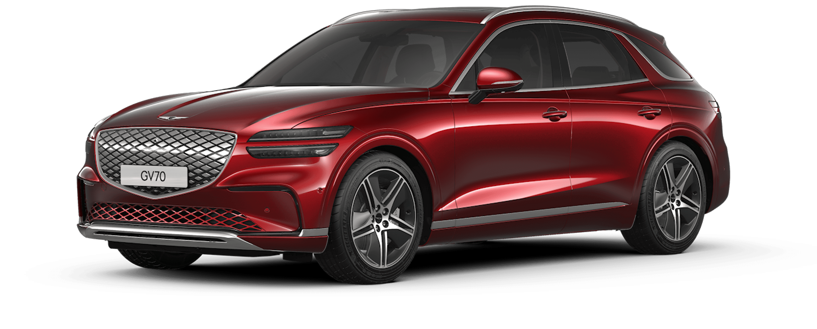 A design image of the Electrified GV70's exterior in glossy Mauna Red.