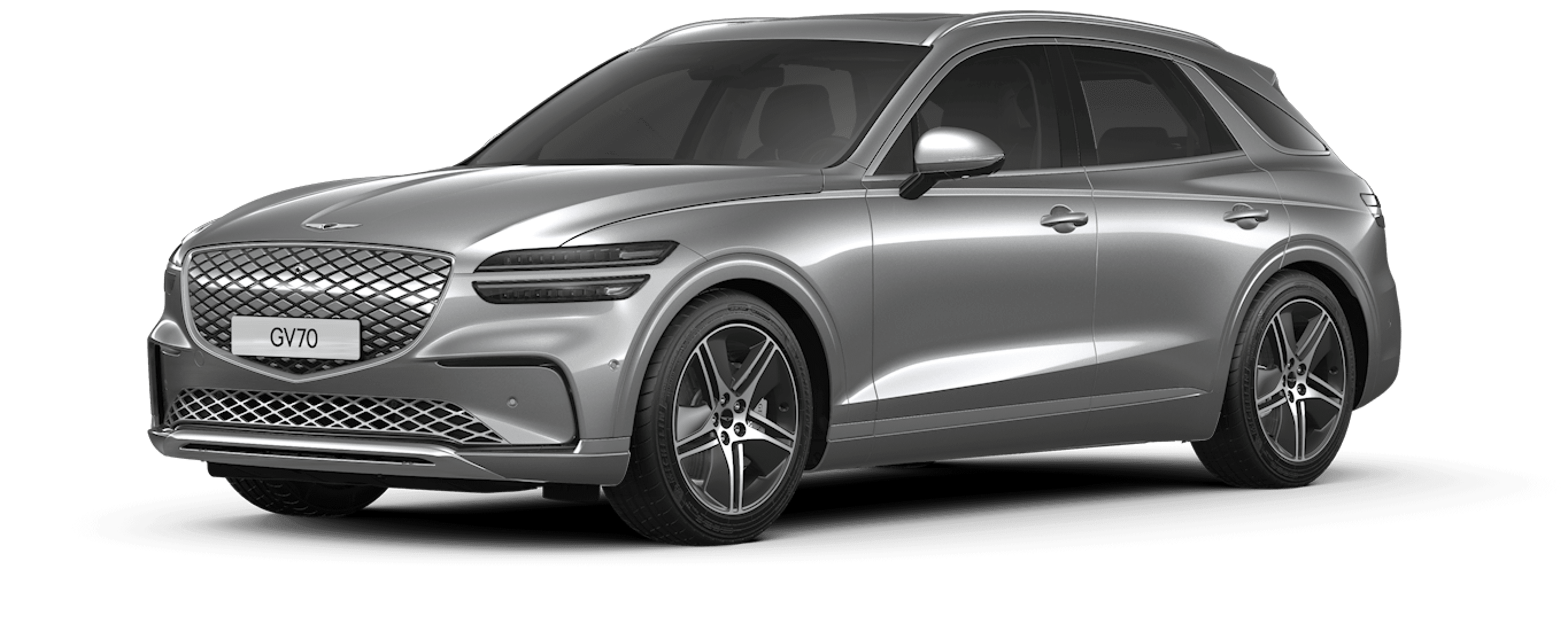 A design image of the Electrified GV70's exterior in glossy Savile Silver.
