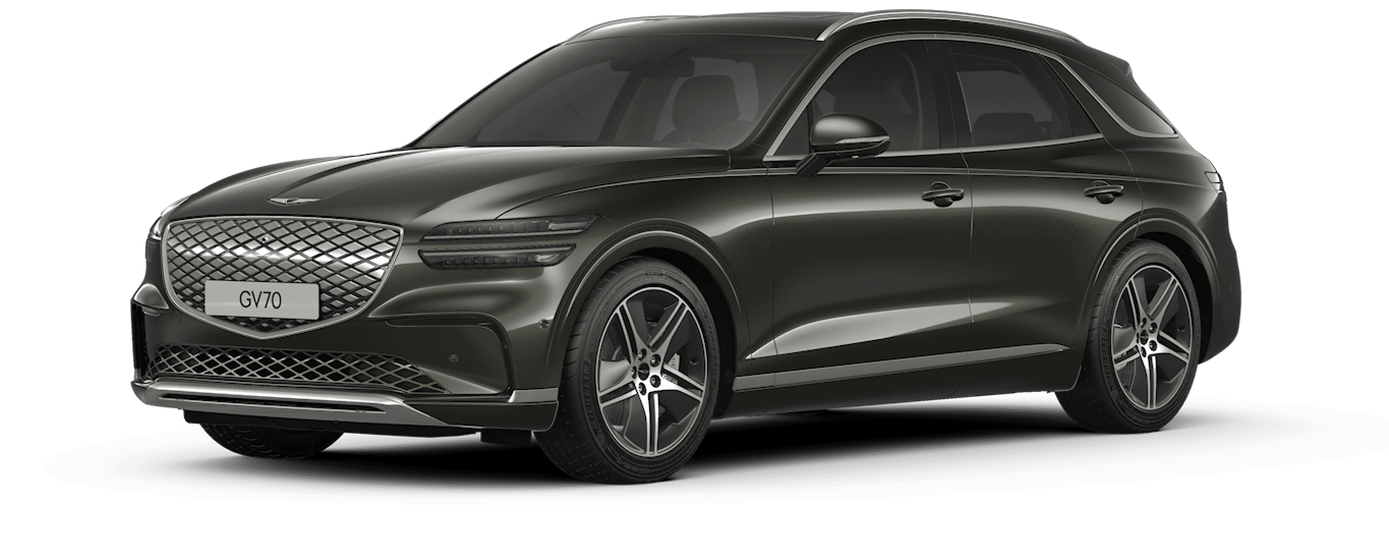 A design image of the Electrified GV70's exterior in glossy Storr Green.