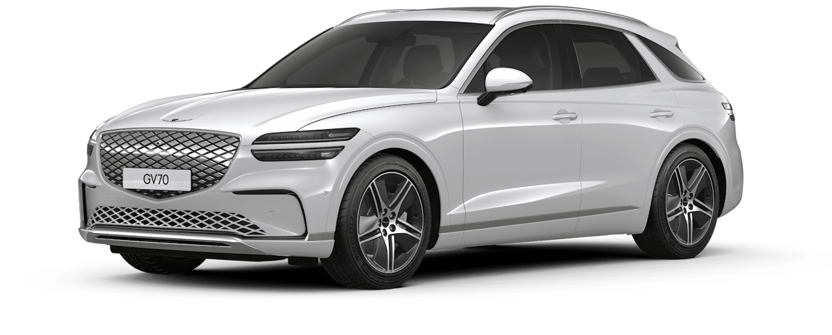 A design image of the Electrified GV70's exterior in glossy Uyuni White.