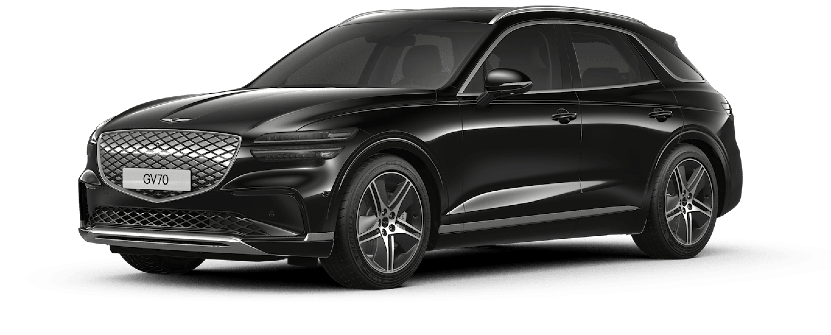 A design image of the Electrified GV70's exterior in glossy Vik Black.