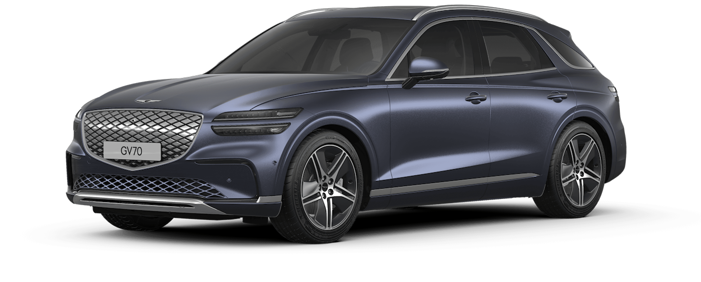 A design image of the Electrified GV70's exterior in glossy Ceres Blue.