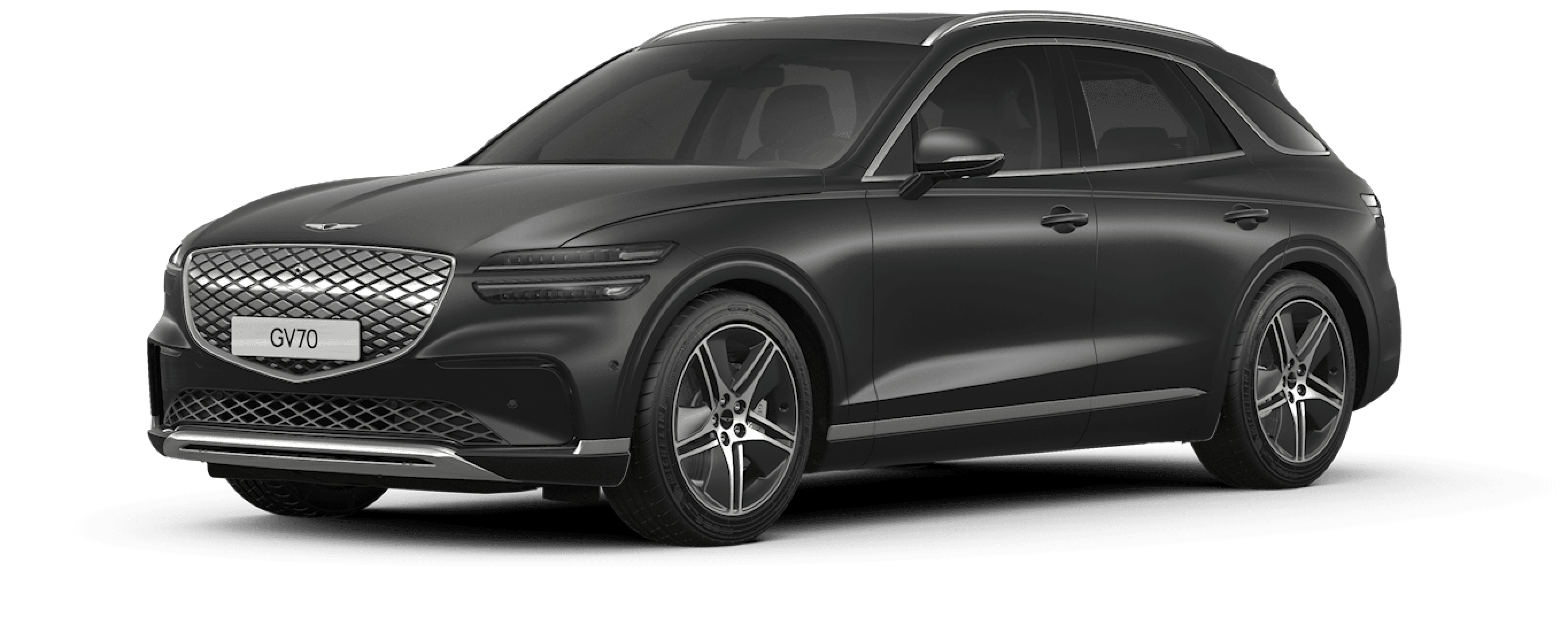A design image of the Electrified GV70's exterior in glossy Makalu Gray.