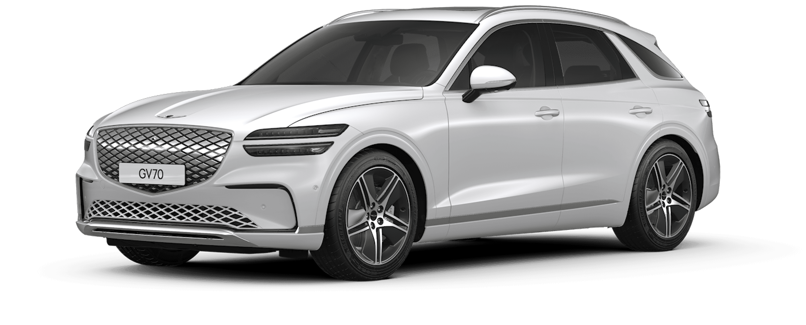 A design image of the Electrified GV70's exterior in glossy Matterhorn White.