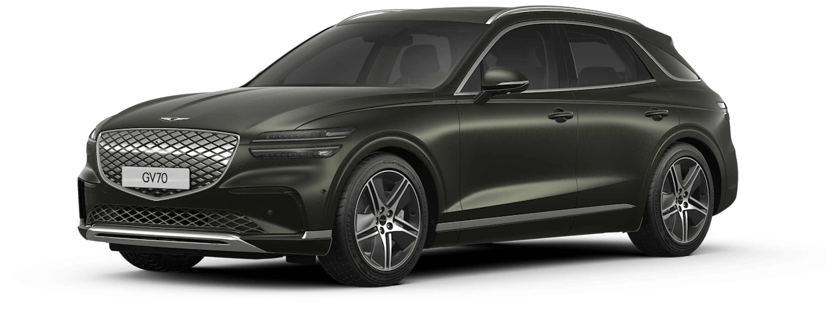 A design image of the Electrified GV70's exterior in glossy Storr Green.