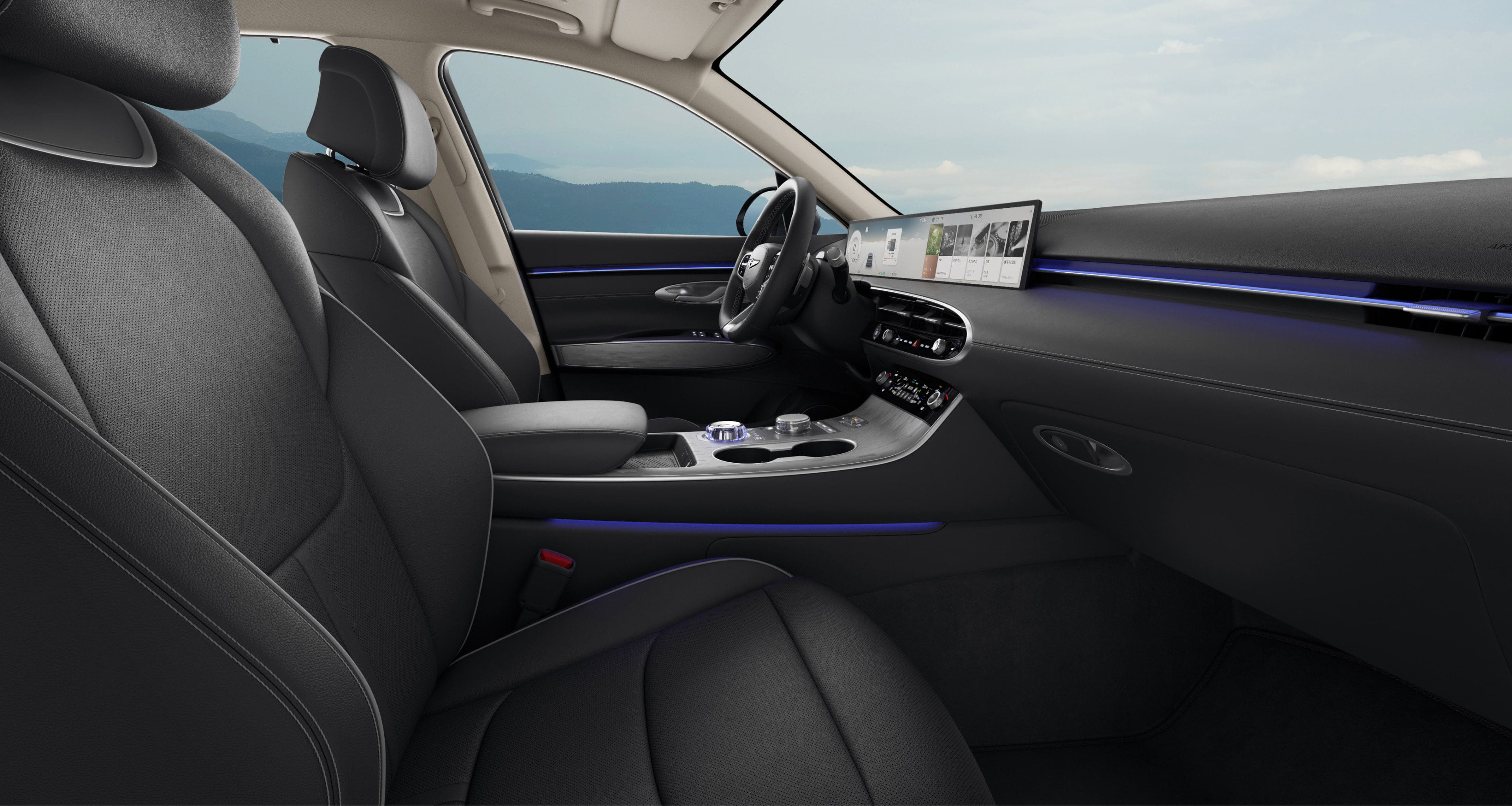 The interior of the Electrified GV70, featuring an Obsidian Black Monotone color.