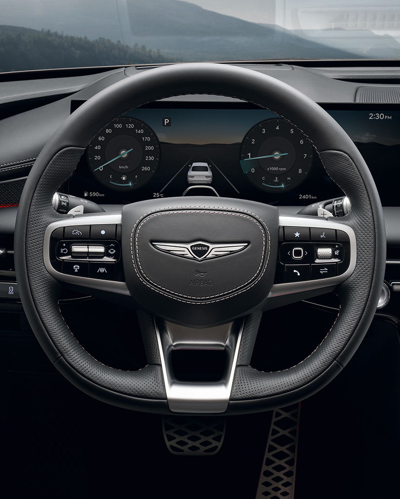 A close-up of the G80 Sport steering wheel.