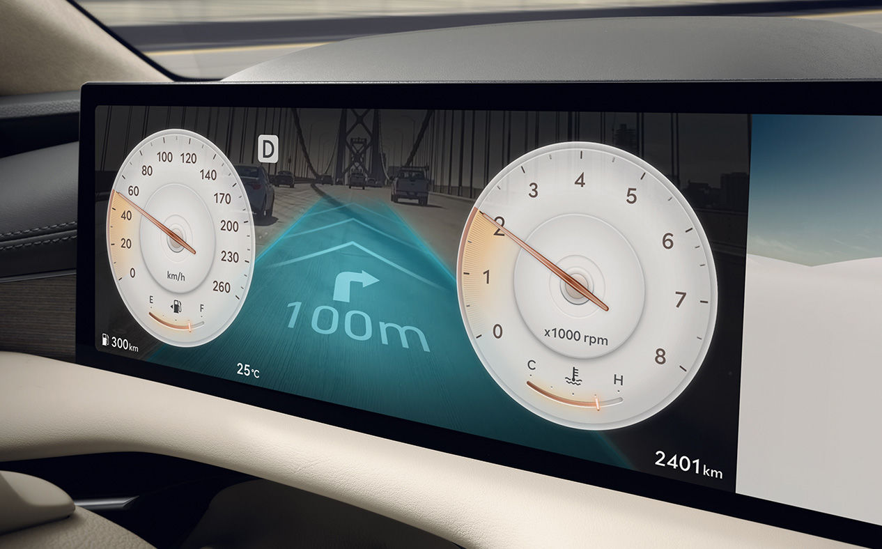 AR navigation provided on the 27-inch OLED display.