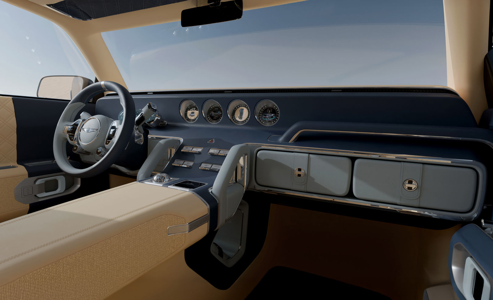 The dashboard is seen from the passenger seat, highlighting the modular storage space in the front seats.
