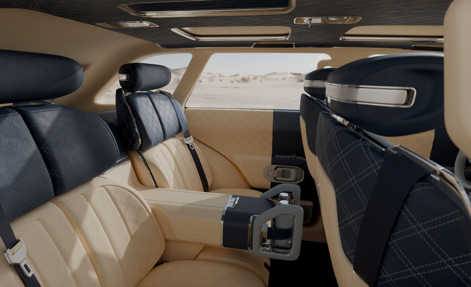 A zoomed-in view of the minimalistic rear seat interior is shown, featuring neutral-toned fabric and premium leather.